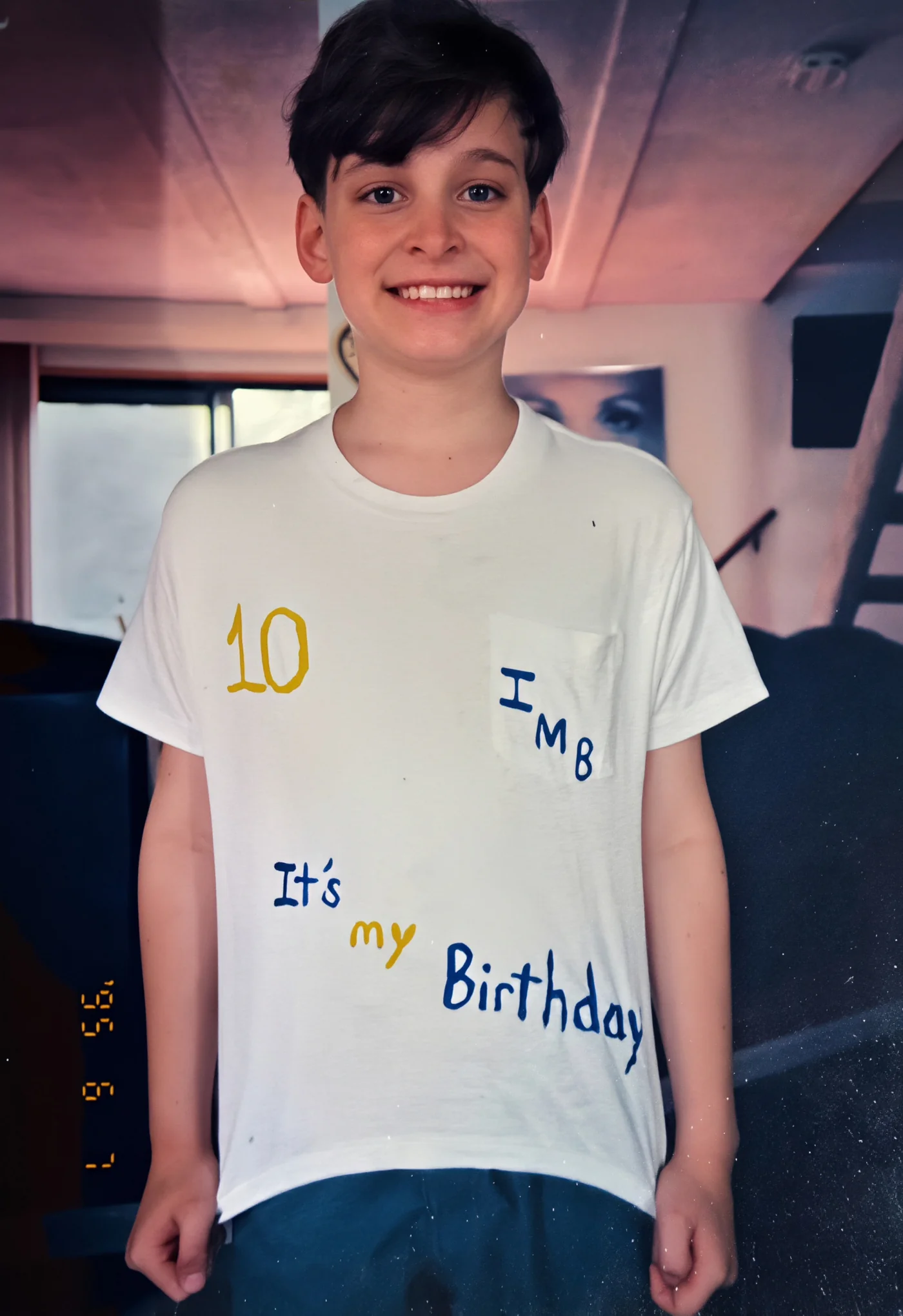 Young Erik Fuhrer in a handmade 'It's my Birthday' t-shirt
